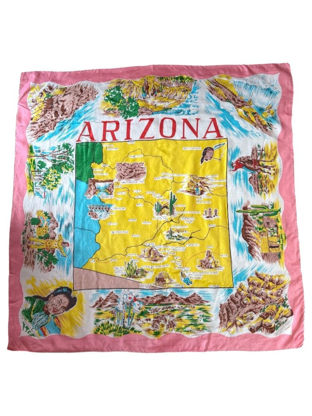 Vintage Arizona Souvenir Map Scarf Silk Blend Pink Border Hand Rolled Hem Japan